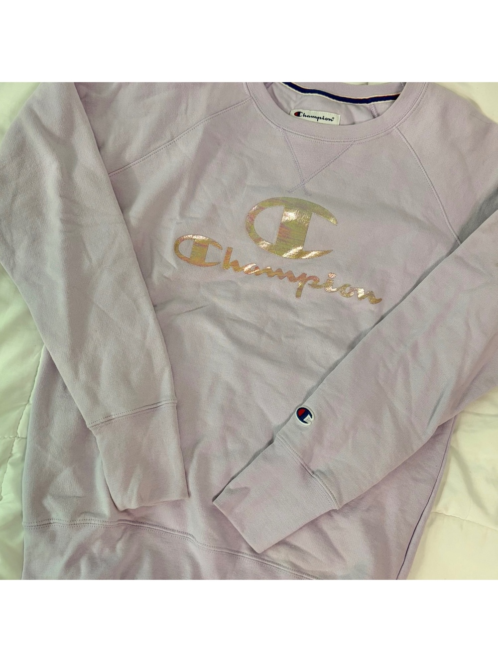 champion lavender lilac light purple & gold iridescent crewneck sweater small